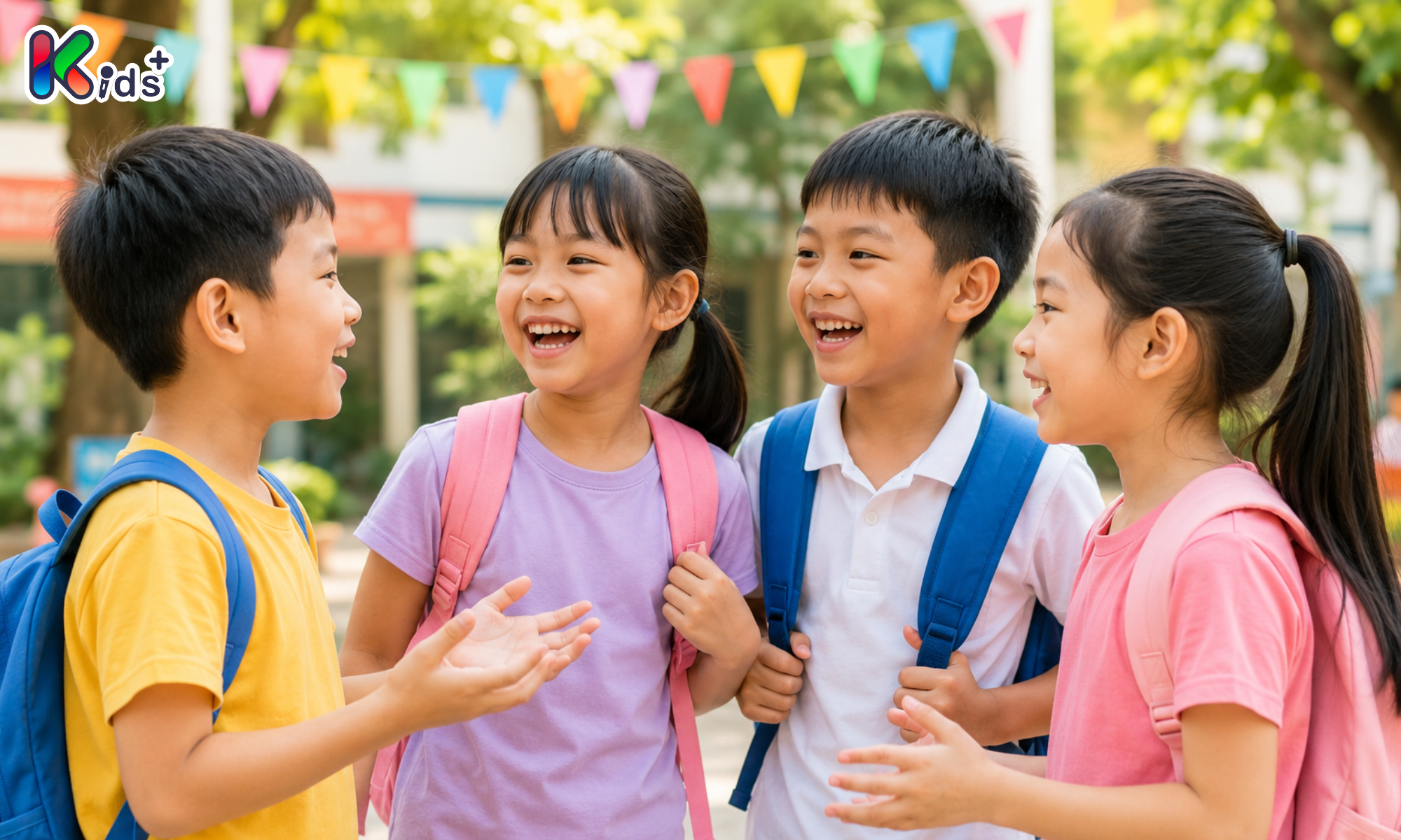 Nhóm bốn bạn nhỏ đeo ba lô đang cười đùa, trò chuyện và tương tác trực tiếp vô cùng tự tin, thể hiện kỹ năng giao tiếp và kết nối xã hội của trẻ, thểhiện giao tiêp là kỹ nưng trẻ cần có trong thời đại AI