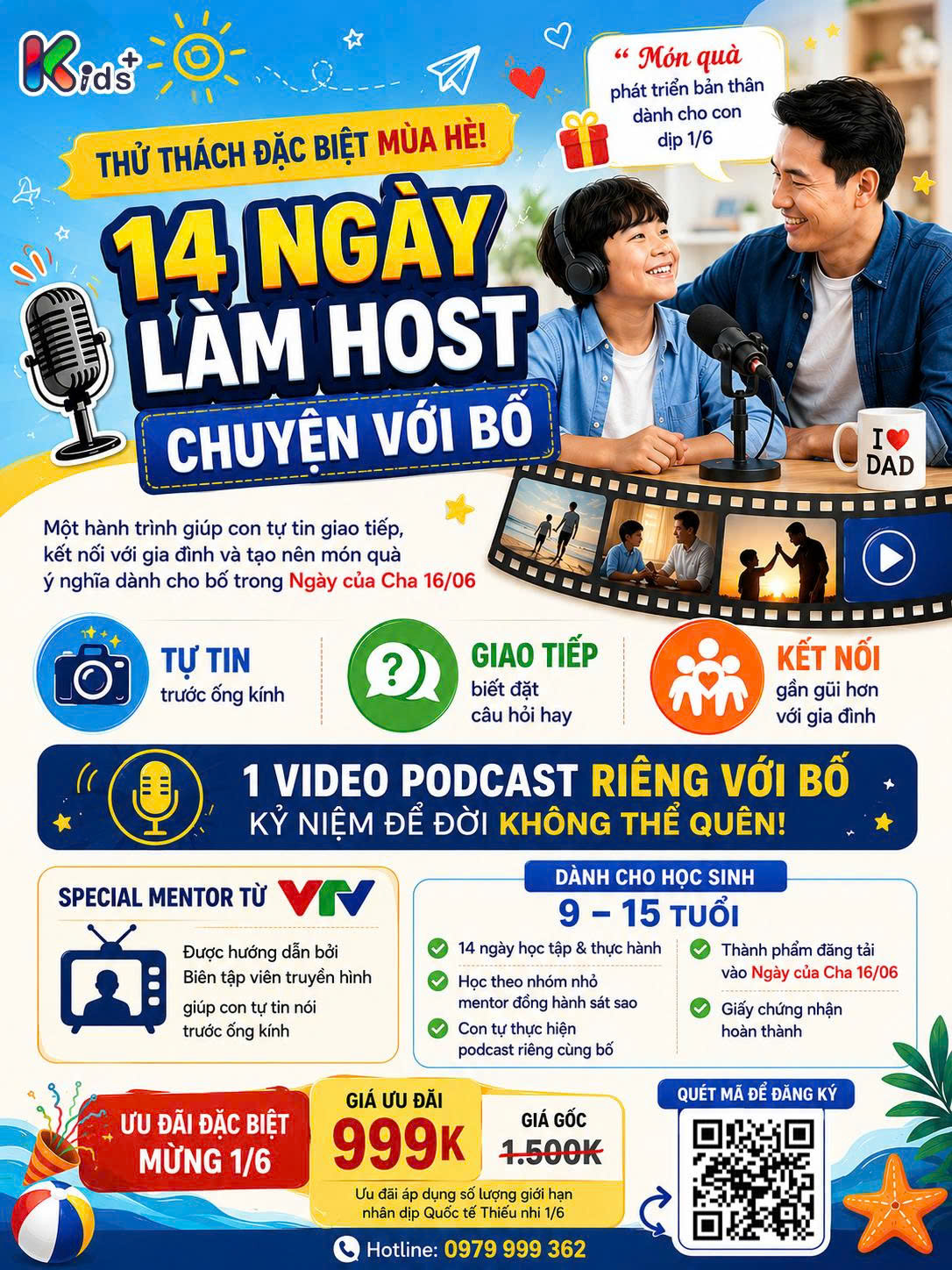 Poster thông tin thử thách 14 ngày làm host chuyện với bố của Kids+ dành cho học sinh từ 9 đến 15 tuổi